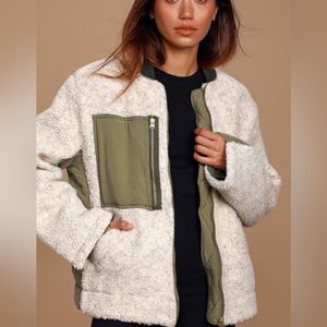 Free People Olive Green and Ivory Sherpa Jacket